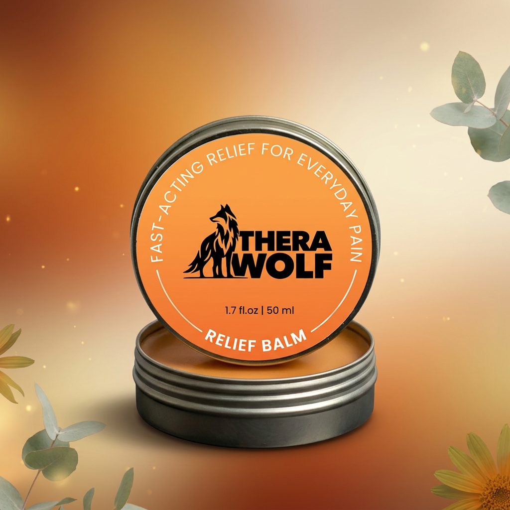 TheraWolf Relief Balm 1.7 fl oz tin, open with amber balm visible, set against a warm apothecary backdrop